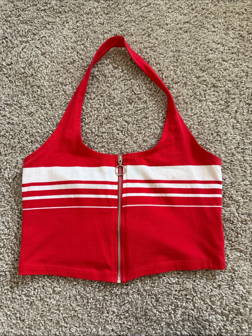 Me to We Red Halter Zip-Front Crop Top with White Stripes